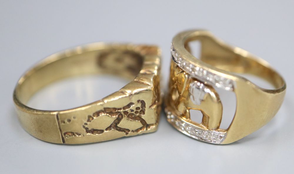 A 9ct two-colour gold pierced elephant ring and a similar modernist textured gentlemans ring, 11.8g